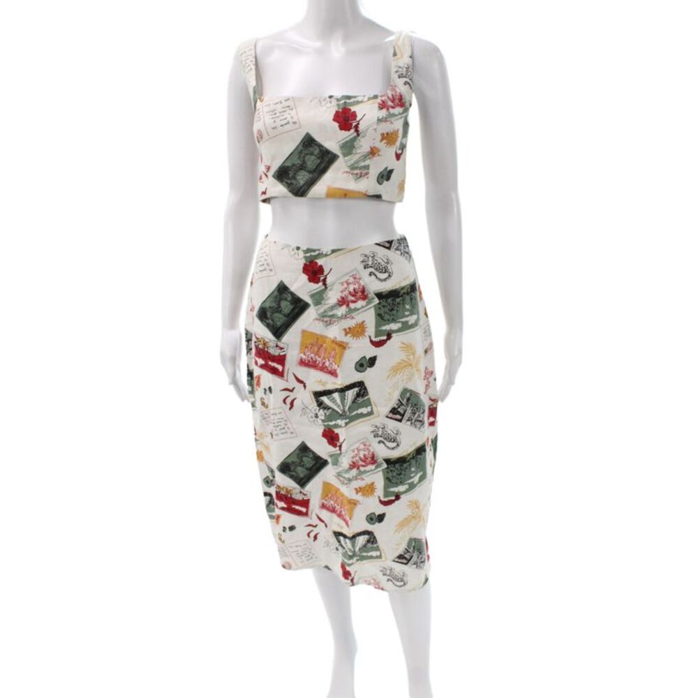 Reformation Women Linen Patchwork Square Neck Sleeveless Set Multi Size 2